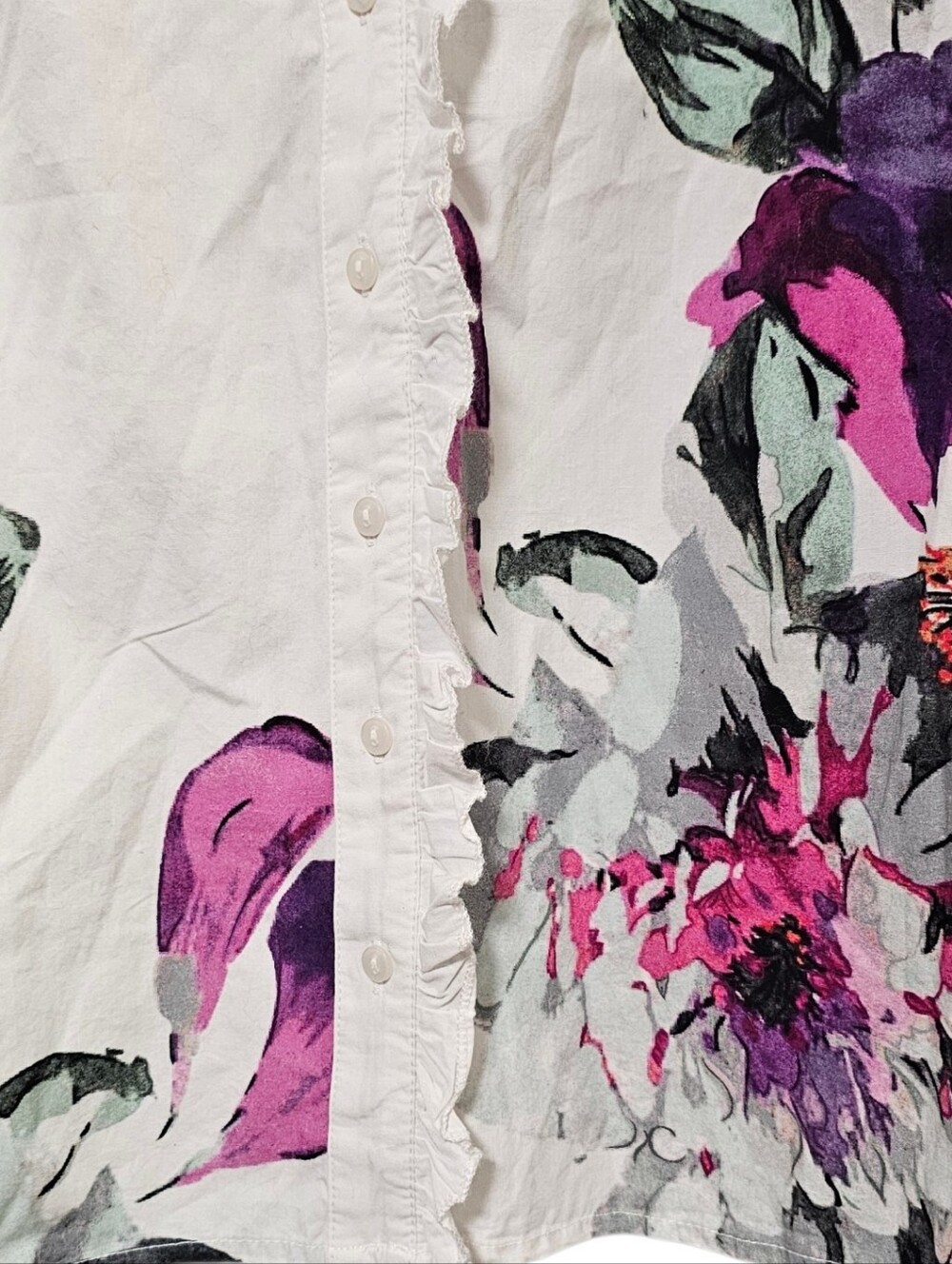 Anthropologie Forever That Girl Floral Ruffle Button Down Peasant Blouse Size L - Picture 6 of 13